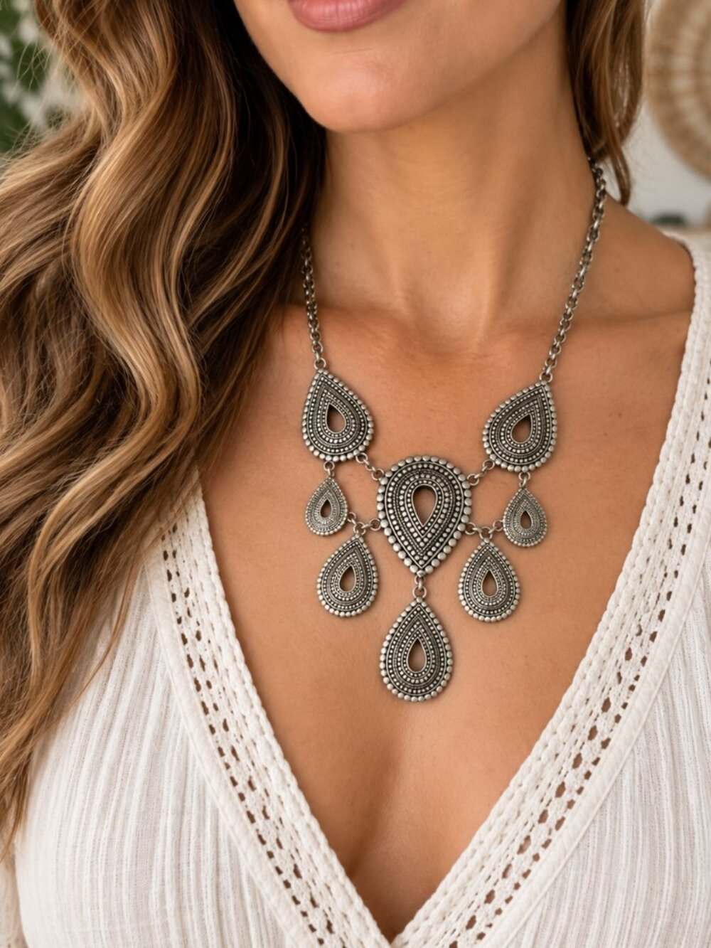 Lucky Brand Boho Necklace Teardrop Design Fold Over Clasp Antique Silver Tone
